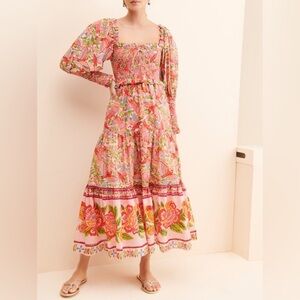 FARM Rio Women's Red Pink Macaw Flight Smocked Top Midi Dress Size XS